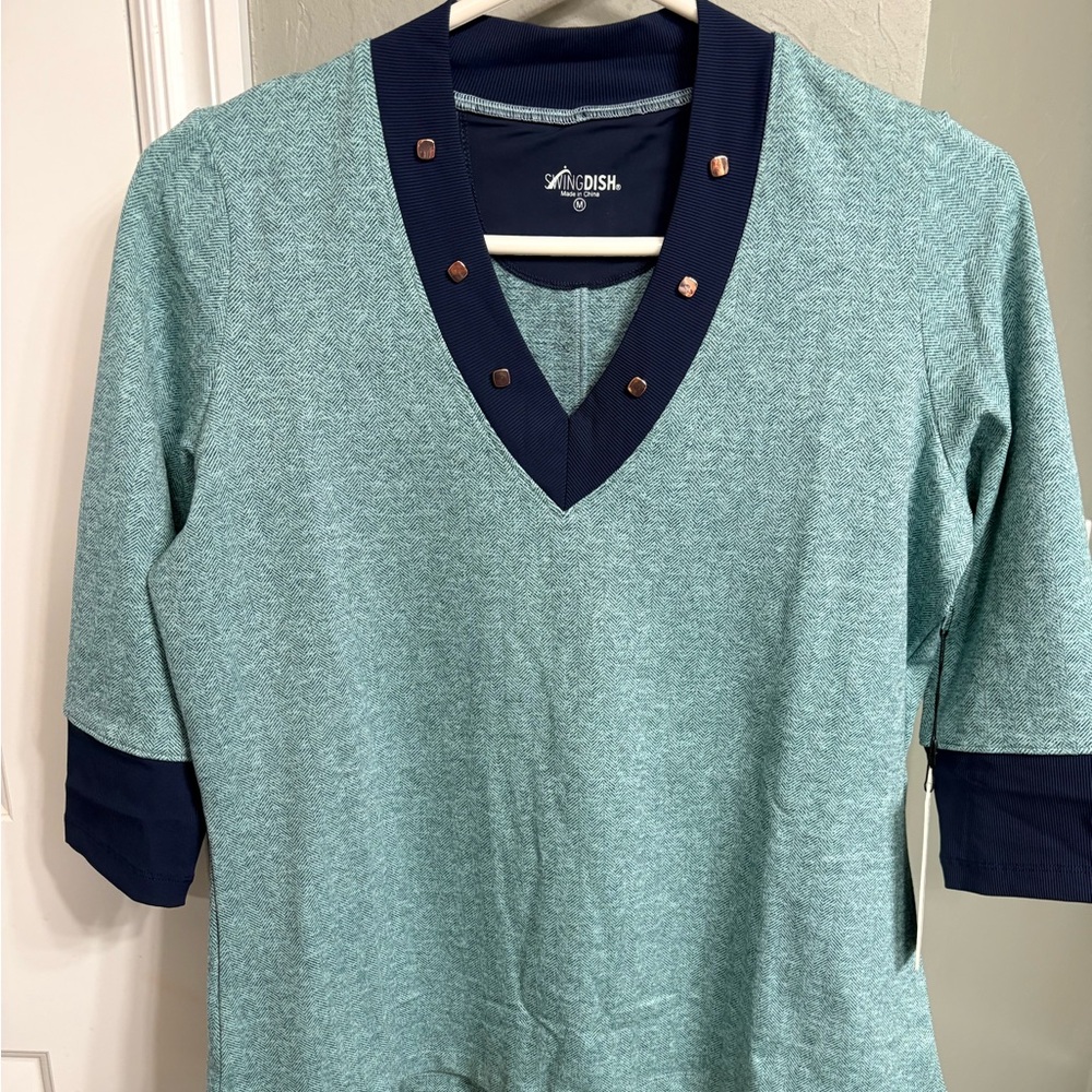 Swing Dish Golf Teal and Navy V-Neck Top with Stud Accents